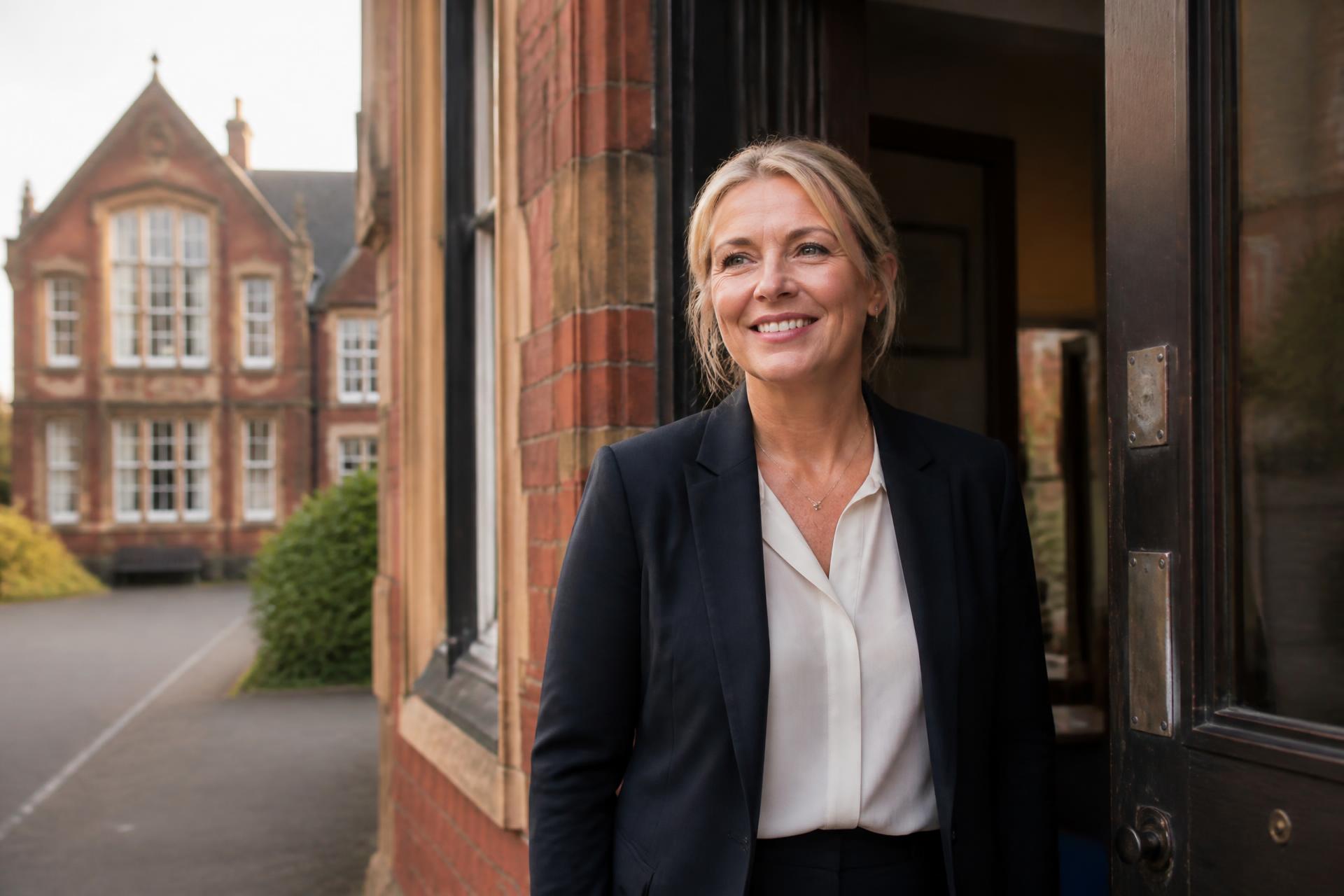 Headteacher smiling in the doorway of a Victorian school