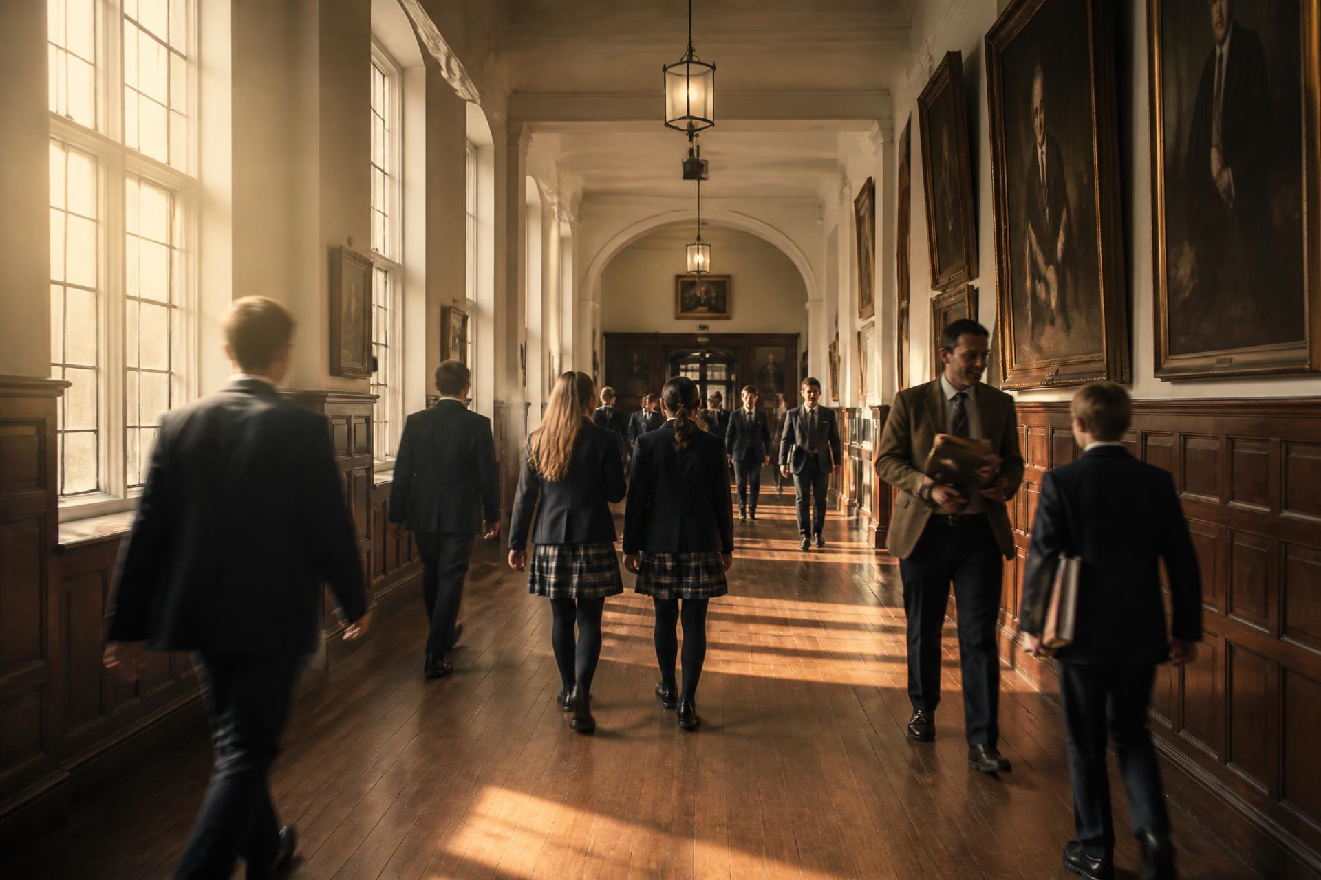 Wide school corridor with staff and pupils in morning light