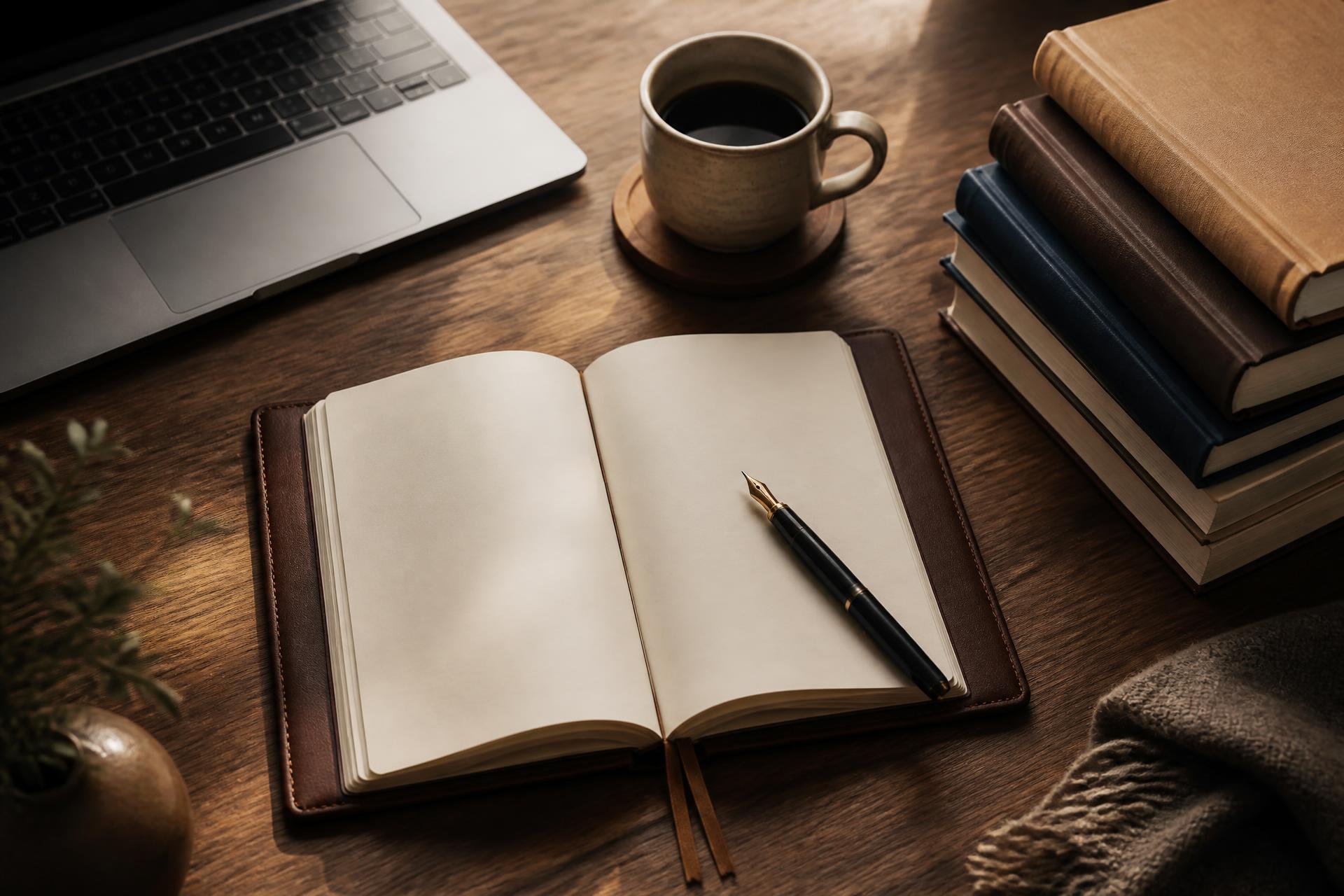 Open leather notebook, fountain pen and coffee on a wooden desk