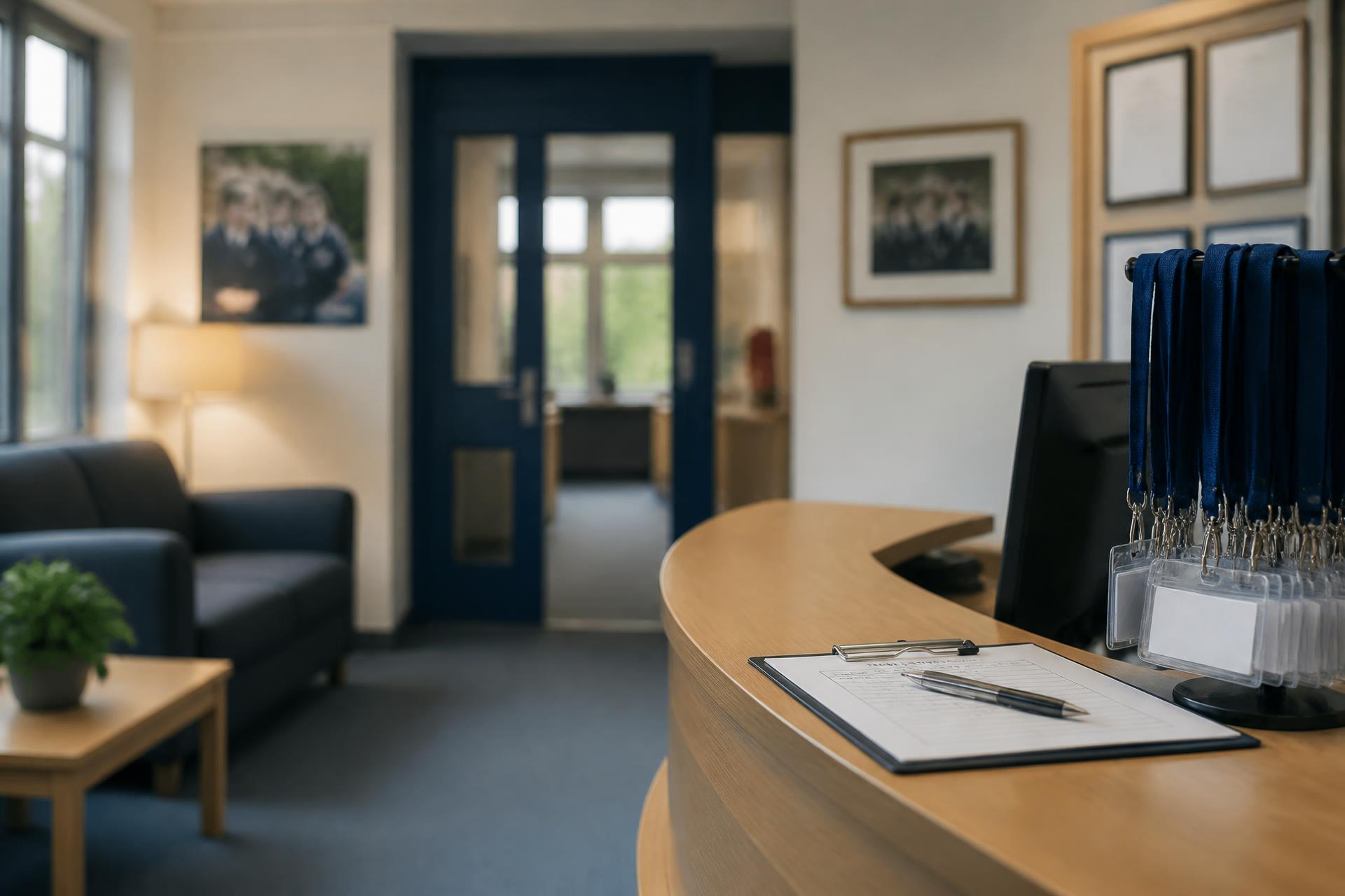 Calm school reception with visitor lanyards and sign-in desk