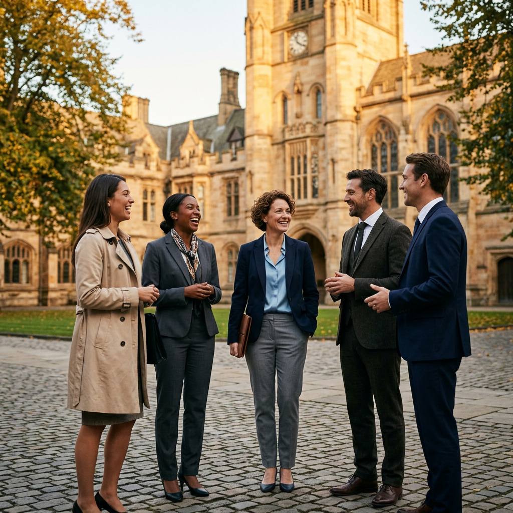 Senior executives walking on a historic university campus