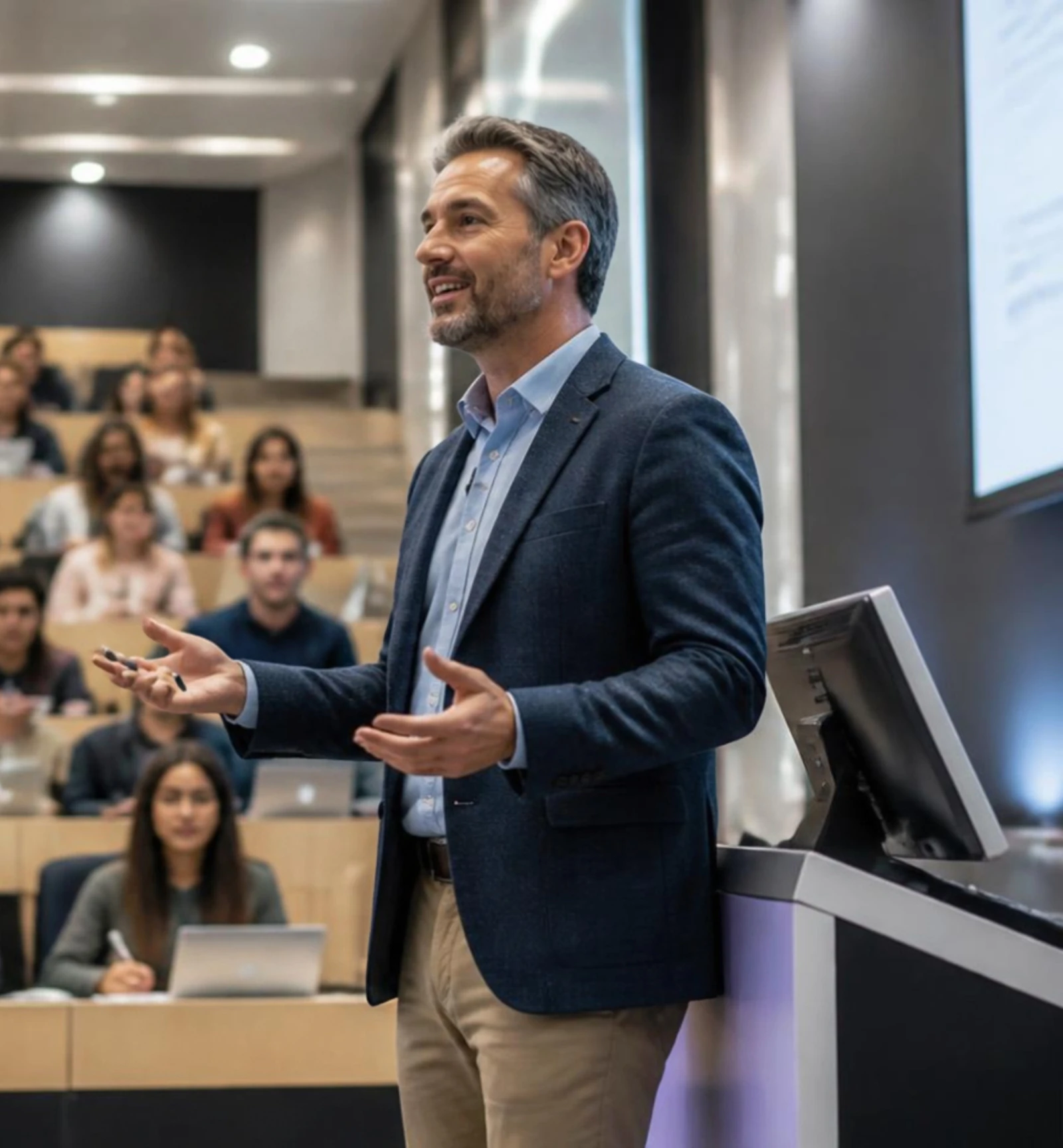 A lecturer speaking to students in a university lecture hall