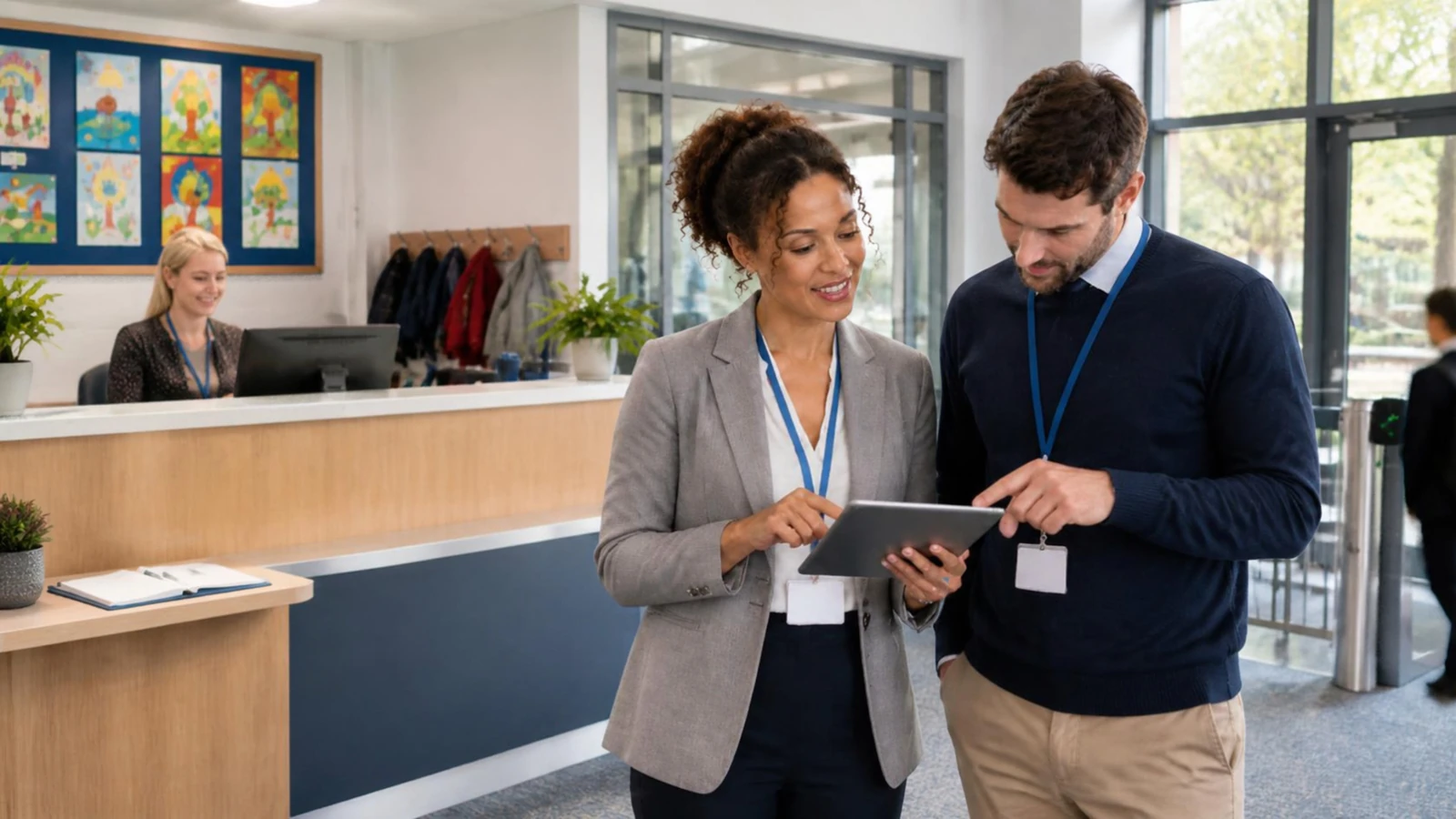 Two school leaders looking at a tablet in a school reception