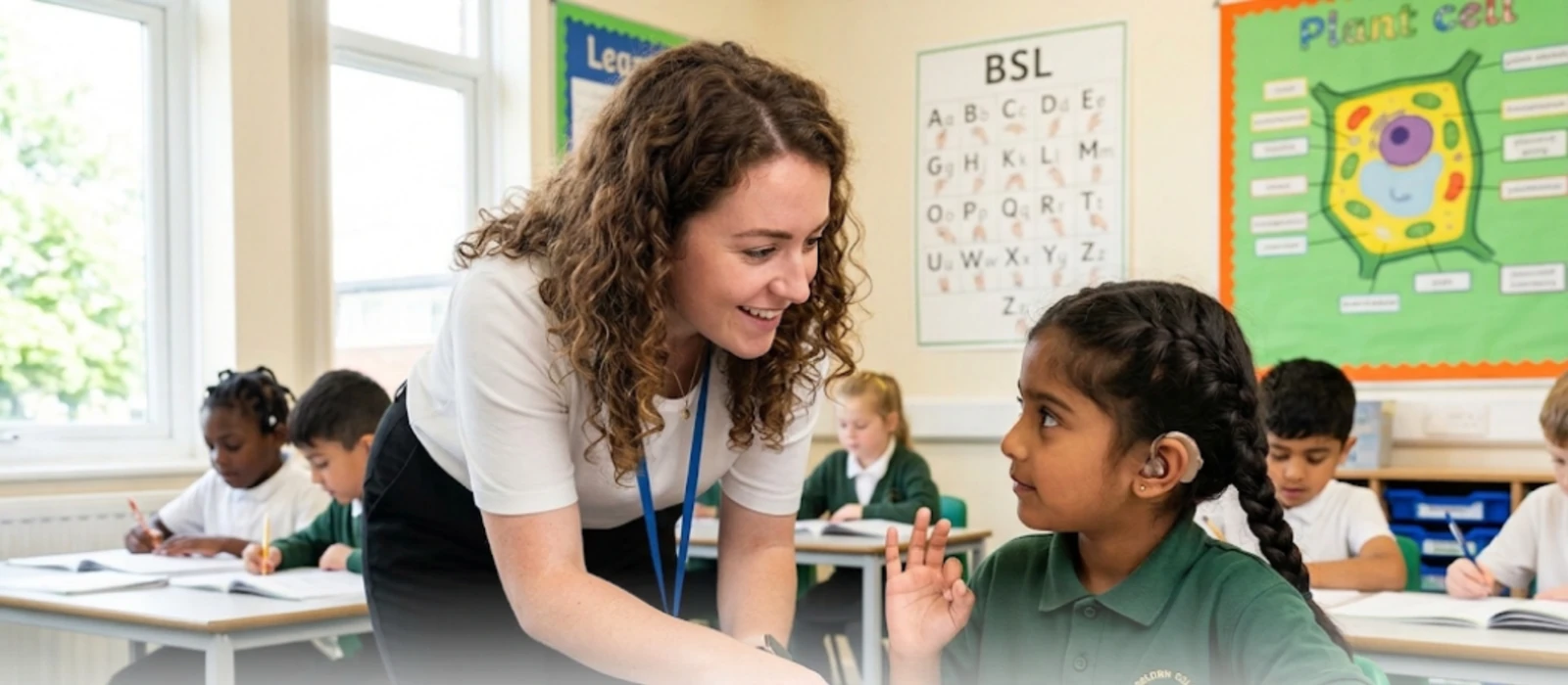 Teacher supporting a pupil one to one at her desk in a classroom