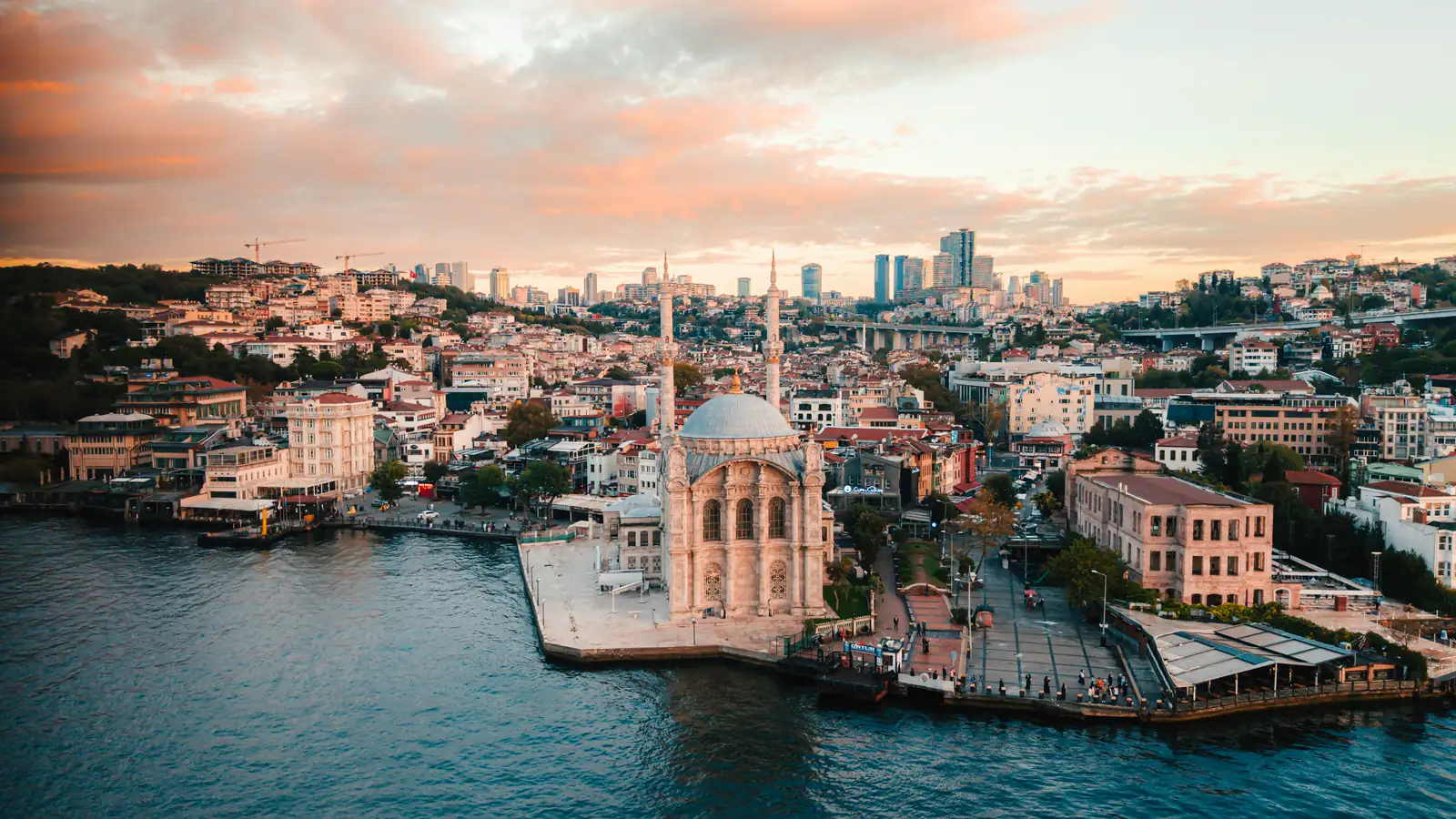Mosque on the Bosphorus waterfront in Istanbul at dusk